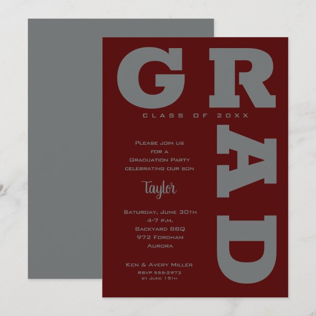 Diplômé Gris sur invitation de graduation Marron f (Devant / Derrière)