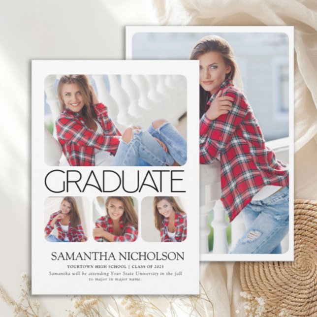 Diplôme Moderne Élégant 5 Photos (Modern white 5-photo graduation announcement)
