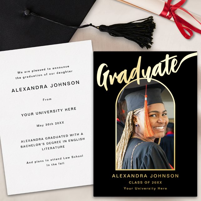 Diplômé photo faire-part Black Gold (Elegant calligraphy graduate photo black and gold foil graduation announcement card)