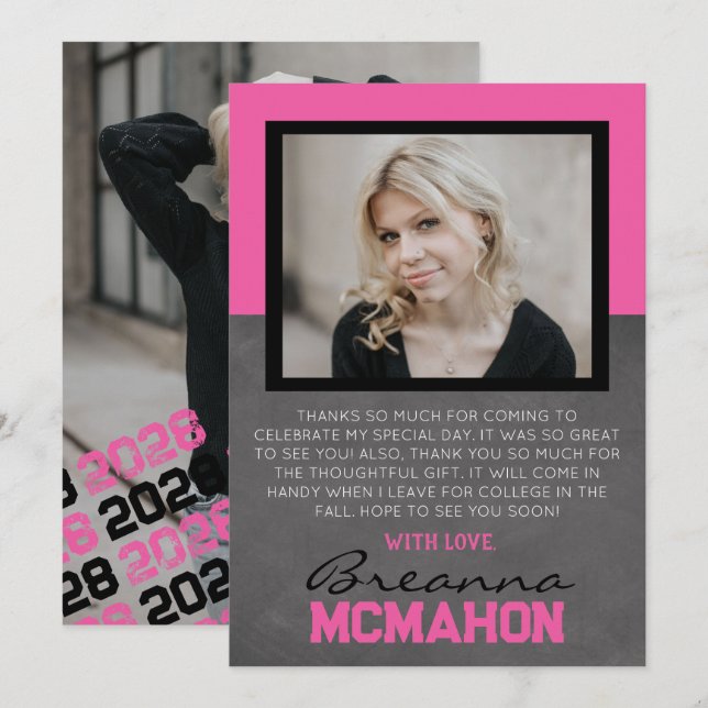 Diplôme rose chaud et noir 2 Carte de remerciement (Devant / Derrière)