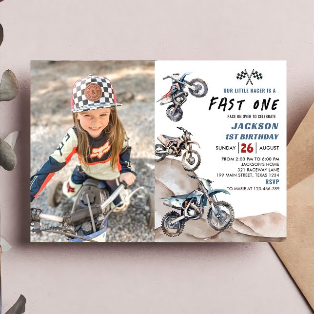 Dirt Bike Race Boy First Birthday Photo Invitation (Créateur téléchargé)