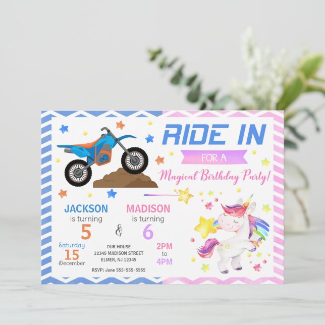 Dirt Bike & Unicorn Joint Birthday Invitation (Debout devant)