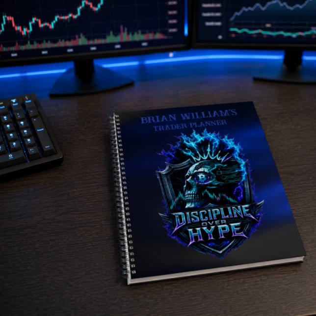 Discipline sur Hype Blue Glow Bitcoin Crypto  (Personalized Trader Planner with Discipline Over Hype Illustration)