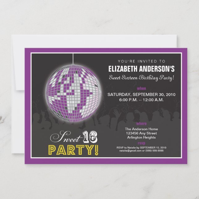 Disco Ball Sweet 16 Anniversaire Invitation (viole (Devant)