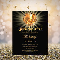 Disco fête or noir Sweet 16 invitation budget