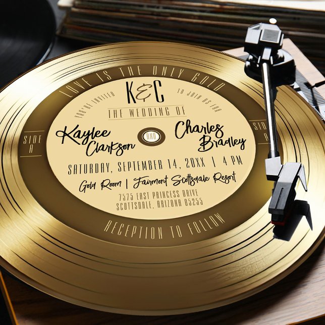 Disque vinyle doré Invitation de mariage unique vi (Solid Gold Vinyl Record "Love Is The Only Gold" song unique vintage fun round wedding invitation)
