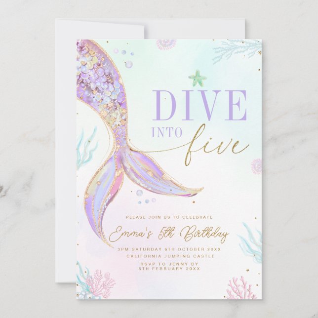 Dive into Five Mermaid Birthday Invitation Editabl (Devant)