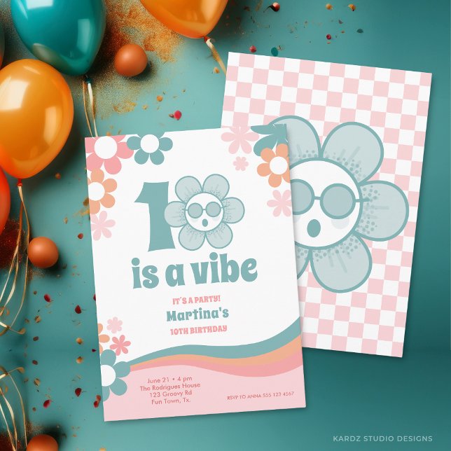 Dix Cartes d'invitation à une fête d'anniversaire  (The front and back of the invitation shown in a 5x7-inch size. Choose size, paper, and corner style.)