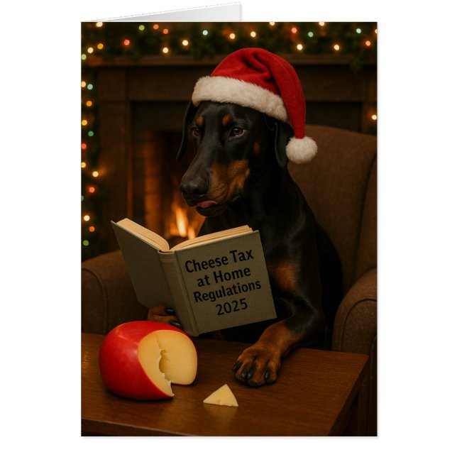 Doberman  'Cheese Tax' Christmas card (Devant)