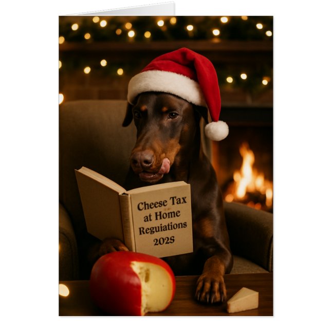 Doberman  'Cheese Tax' Christmas card (Devant)
