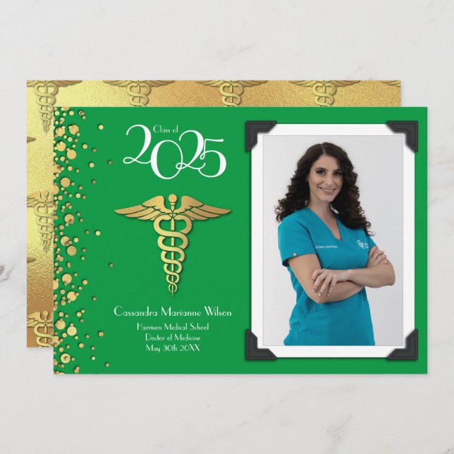 Docteur Gold Graduation Faire-part Green (Devant / Derrière)