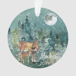 Doe Fawn Deer Forest Pleine lune Snowfall Aquarell