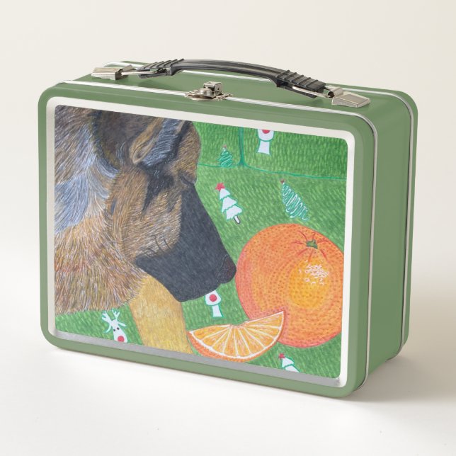 Dog and orange metal lunch box (Devant)