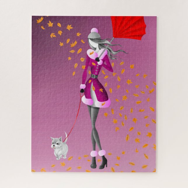 Dog & Lady Automne Feuilles Pink Jigsaw Puzzle (Vertical)