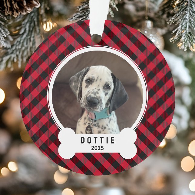 Dog Photo Red and Black Buffalo Plaid Christmas (Dog Photo Red and Black Buffalo Plaid Christmas Ornament)