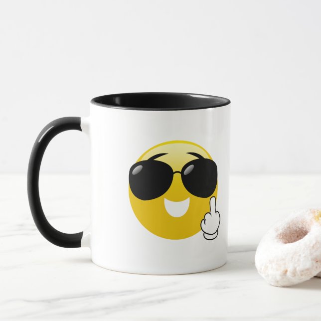 Doigt moyen d'Emoji avec la tasse de café de (Avec donut)