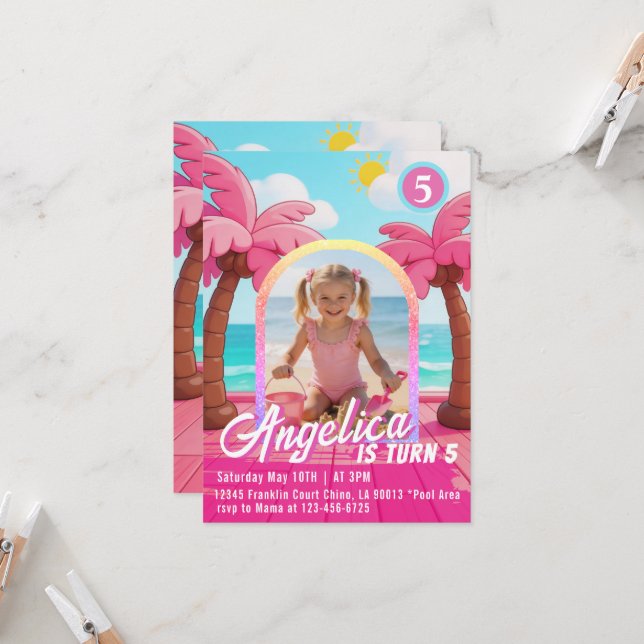 Doll Pink Fashion Beach Birthday Invitation (Devant/Arrière en situation)