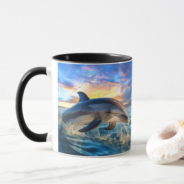 Dolphin Beach Ocean Sunset Action Café Mugs (Avec donut)