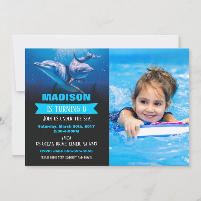 Dolphin Birthday Photo Invitation Pool Party (Devant)