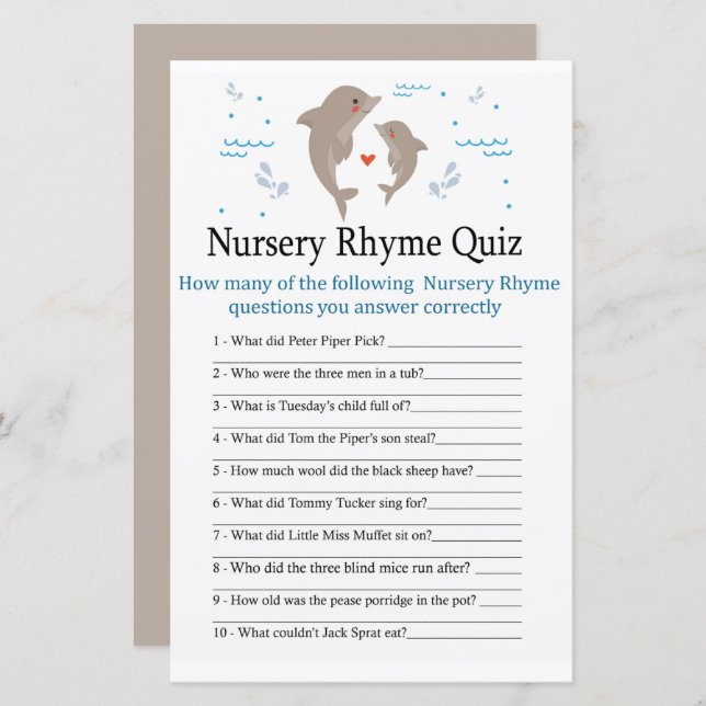Dolphin Nursery Rhyme Quiz jeu de baby shower (Devant / Derrière)