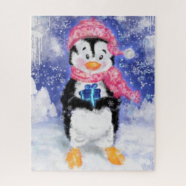 Don de puzzle de Noël avec Happy Penguin (Vertical)
