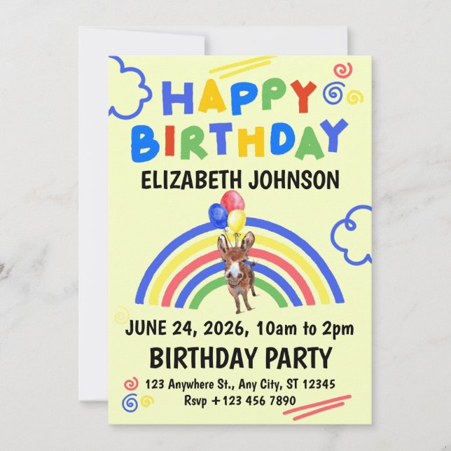 Donkey Birthday Invitation in Yellow (Devant)