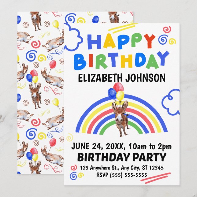 Donkey Birthday Invitation White (Devant / Derrière)