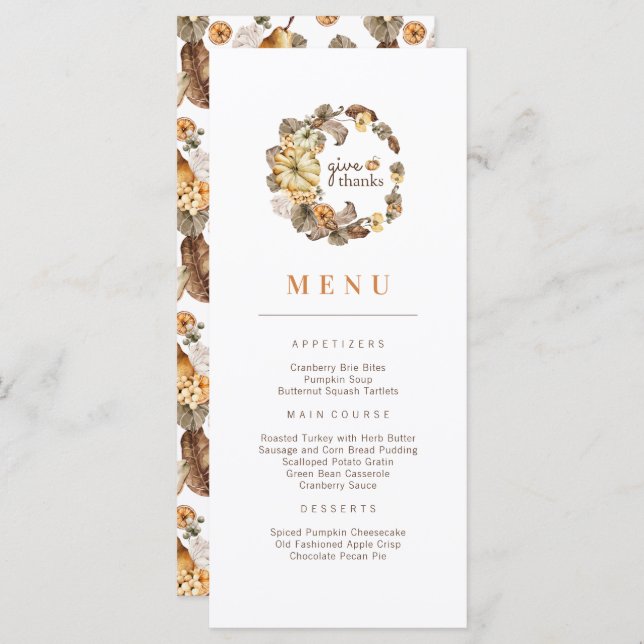 Donner Merci Citrouille Wreath Thanksgiving Menu (Devant / Derrière)