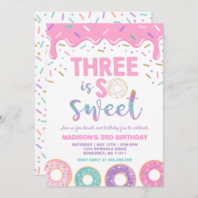 Donut 3e anniversaire Invitation Donut Three is Sw (Devant / Derrière)