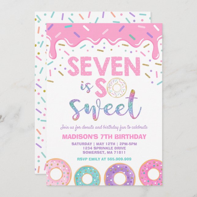 Donut 7e anniversaire Invitation Donut Seven is Sw (Devant / Derrière)