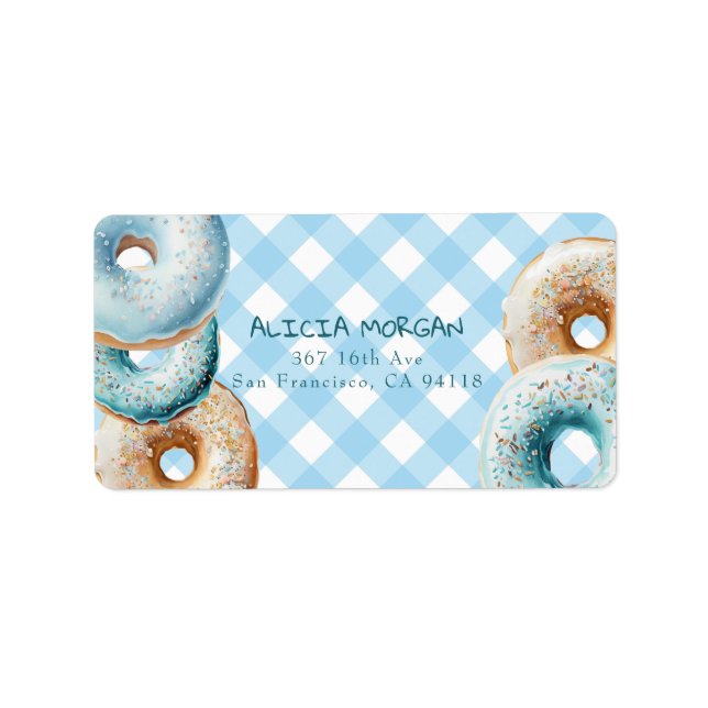 Donut | Étiquette de adresse En vichy bleu (Devant)