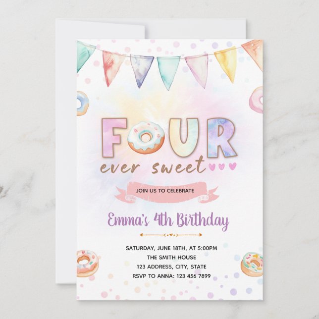 Donut FOURever doux invitation anniversaire (Devant)