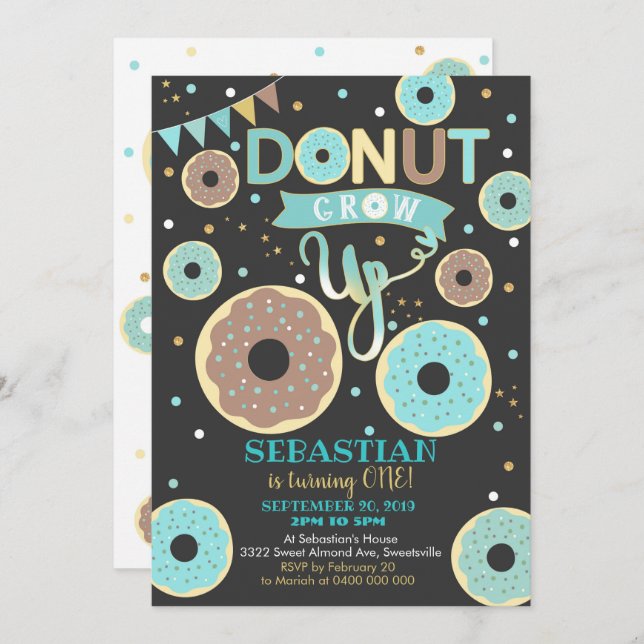 Donut Grow Up 1st Birthday Invitation Garçon Donut (Devant / Derrière)