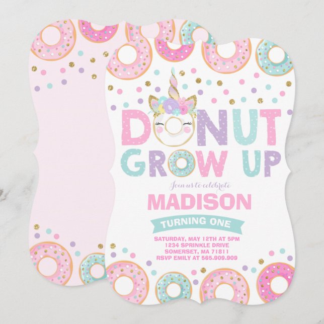 Donut Grow Up Anniversaire Invitation Donut & Unic (Devant / Derrière)