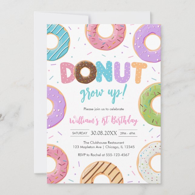 Donut Grow Up Donut Birthday Party Invitation (Devant)
