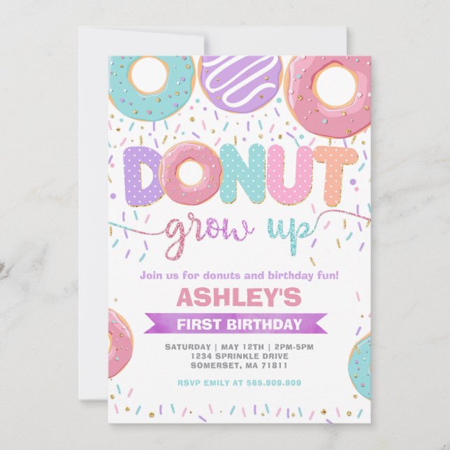 Donut Grow Up First 1st Birthday Invitation (Devant)