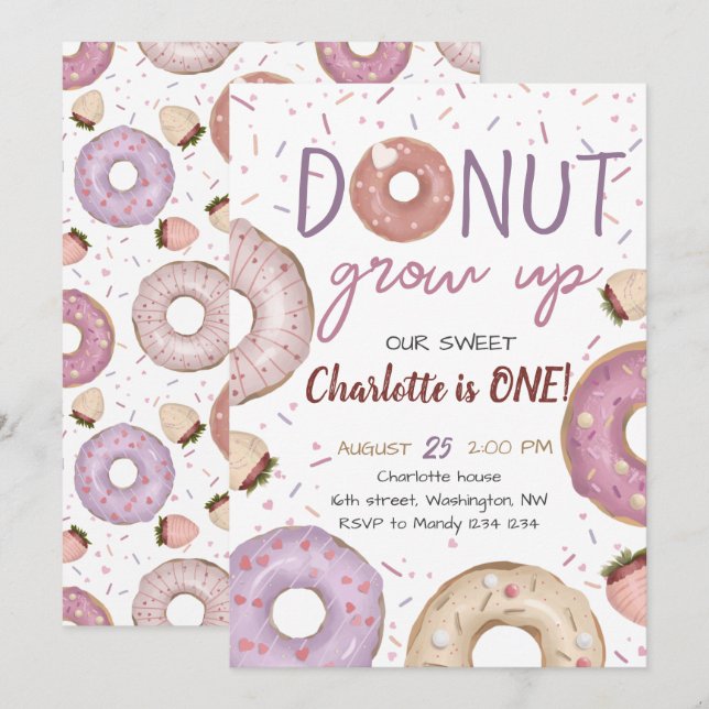 Donut Grow Up Girl Anniversaire Invitation (Devant / Derrière)