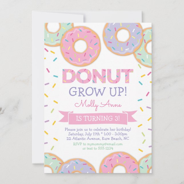 Donut Grow up Girl Anniversaire Invitation rose (Devant)