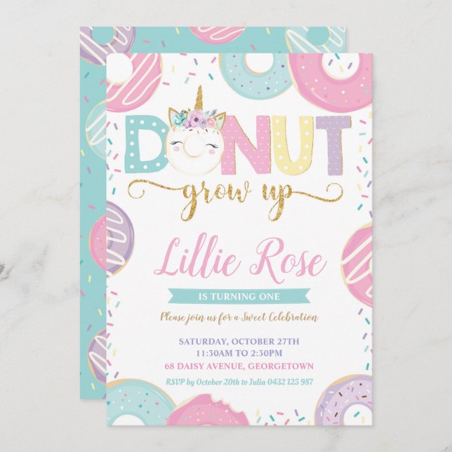 Donut Grow Up Unicorn 1er anniversaire Invitation (Devant / Derrière)