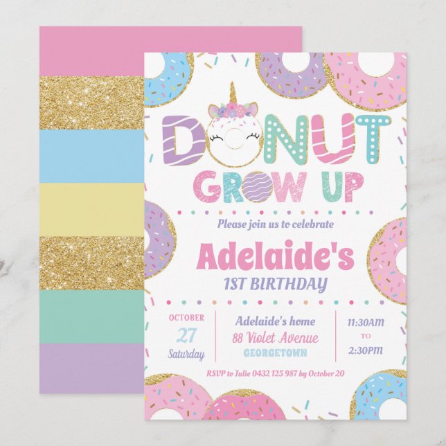 Donut Grow Up Unicorn Anniversaire Invitations Fil (Devant / Derrière)