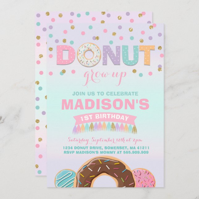 Donut Invitation Anniversaire Donut Grow Up Party (Devant / Derrière)