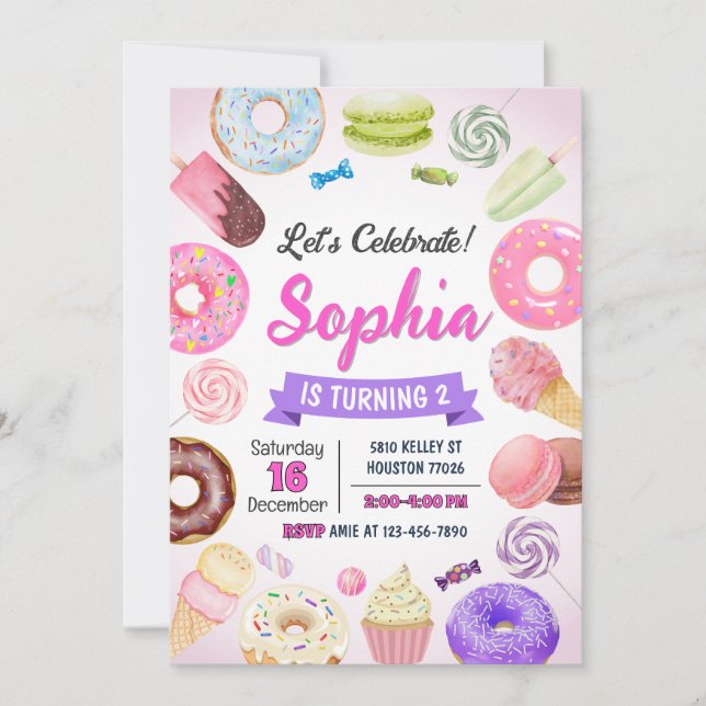 Donut Invitation d'anniversaire, sucreries, bonbon (Devant)