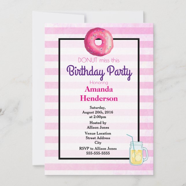 Donut Rose Et Lemonade Fancy Invitation Anniversai (Devant)