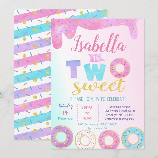 Donut Two Sweet 2nd Birthday Invitations Donuts (Devant / Derrière)