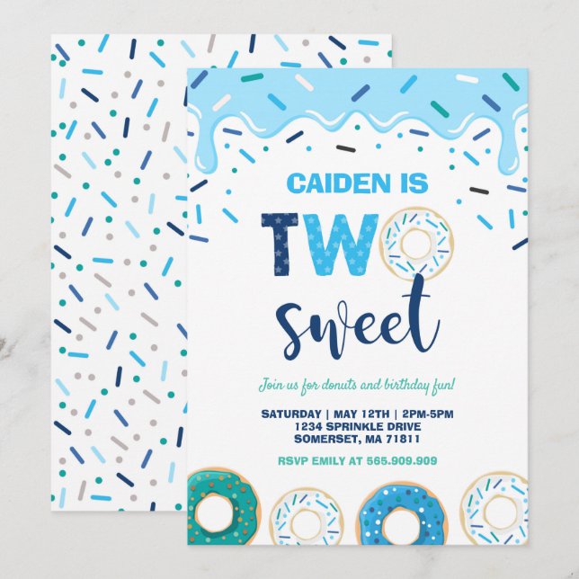 Donut Two Sweet Birthday Invitation Donut Party Bl (Devant / Derrière)