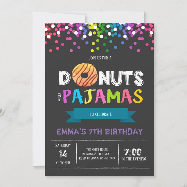 Donuts et pyjamas invitation à l'anniversaire (Devant)