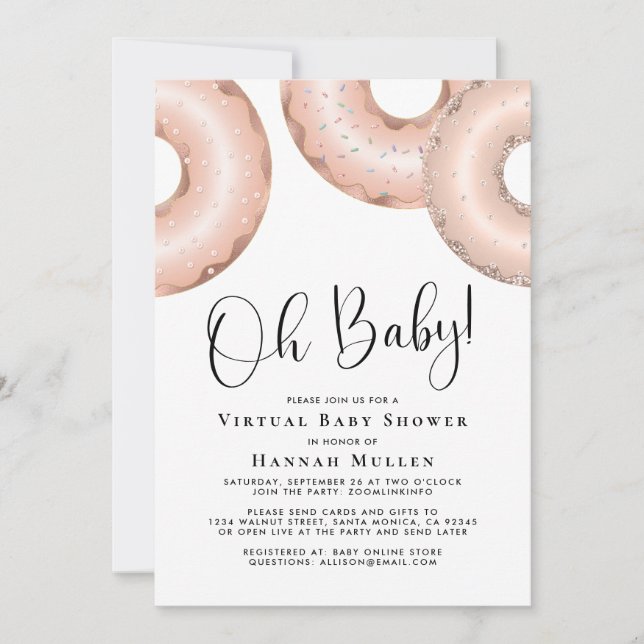 Donuts Virtual Baby shower Rose Gold Invitation (Devant)