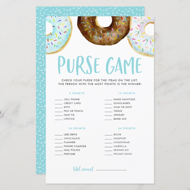 Donuts What's In Your Purse Baby shower Jeu (Devant / Derrière)