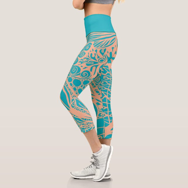 Doodle 1E Aqua Peach 1 Capri Leggings (Gauche)