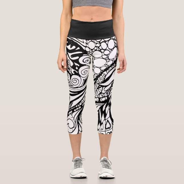 Doodle 1E Black White 1 Capri Leggings (Recto)
